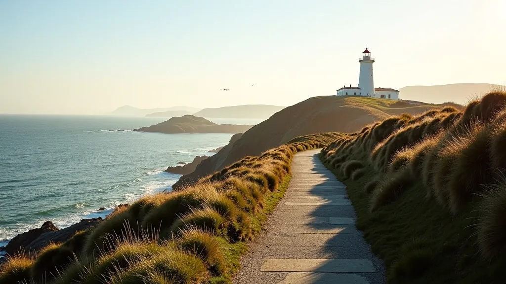 Clifftop walking path with ocean view, coastal grasses blowing in wind, lighthouse visible in distance