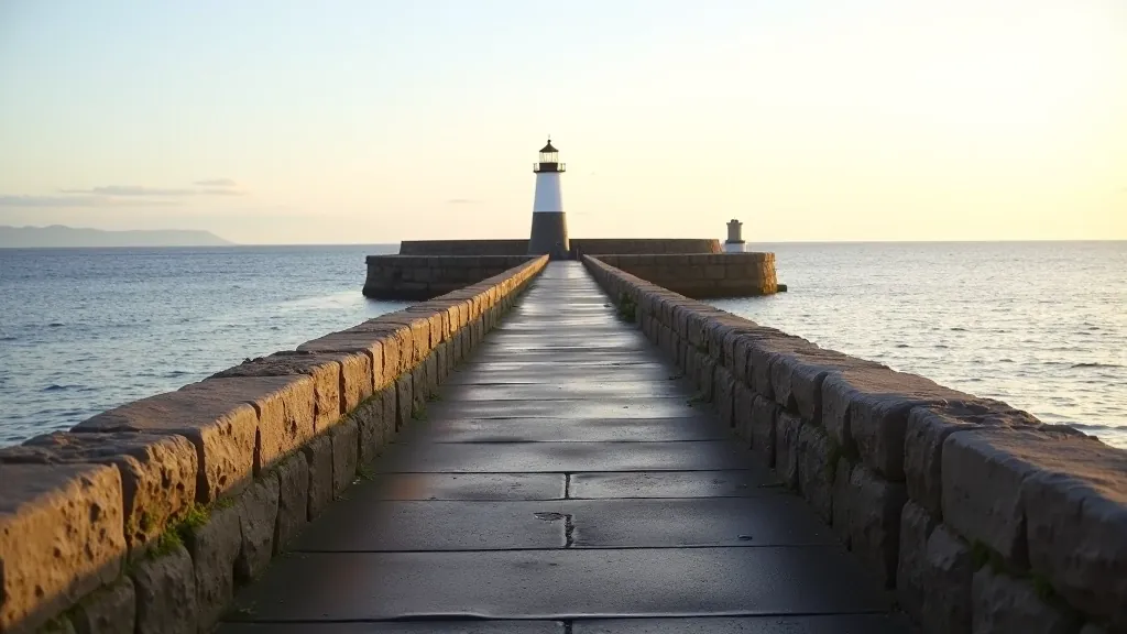 Scenic coastal pathway along Howth Harbour with stone pier walls and Dublin Bay in background