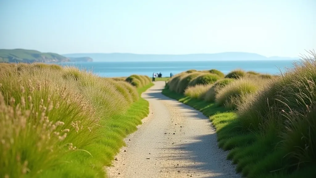 Coastal path with ocean views and green hillside overlooking Dublin Bay