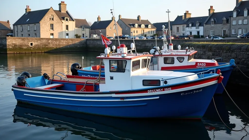 Colorful fishing boats moored in Howth Harbour on calm water, village buildings in background