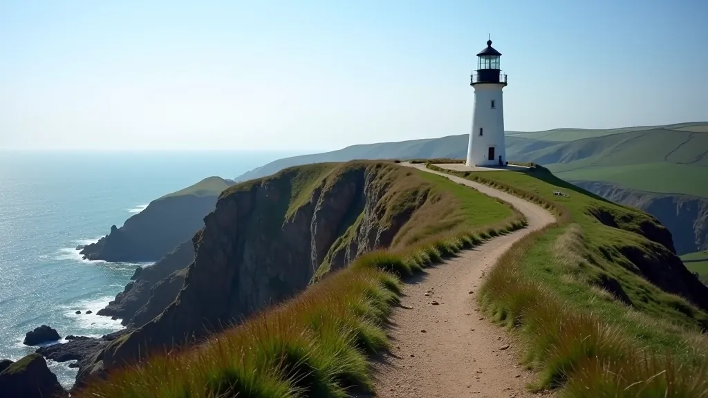 Howth Lighthouse standing on rocky headland with coastal cliff path leading toward it