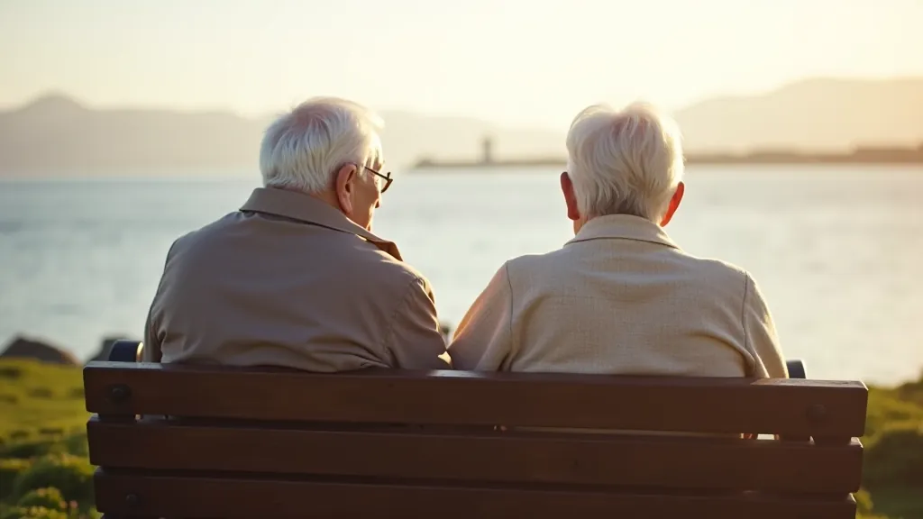 Older couple smiling outdoors, both wearing comfortable casual clothing, coastal background