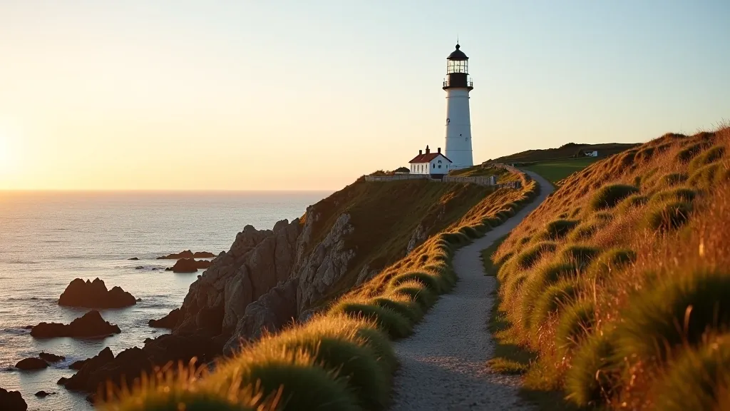 Howth lighthouse situated on dramatic rocky coastal headland with walking paths