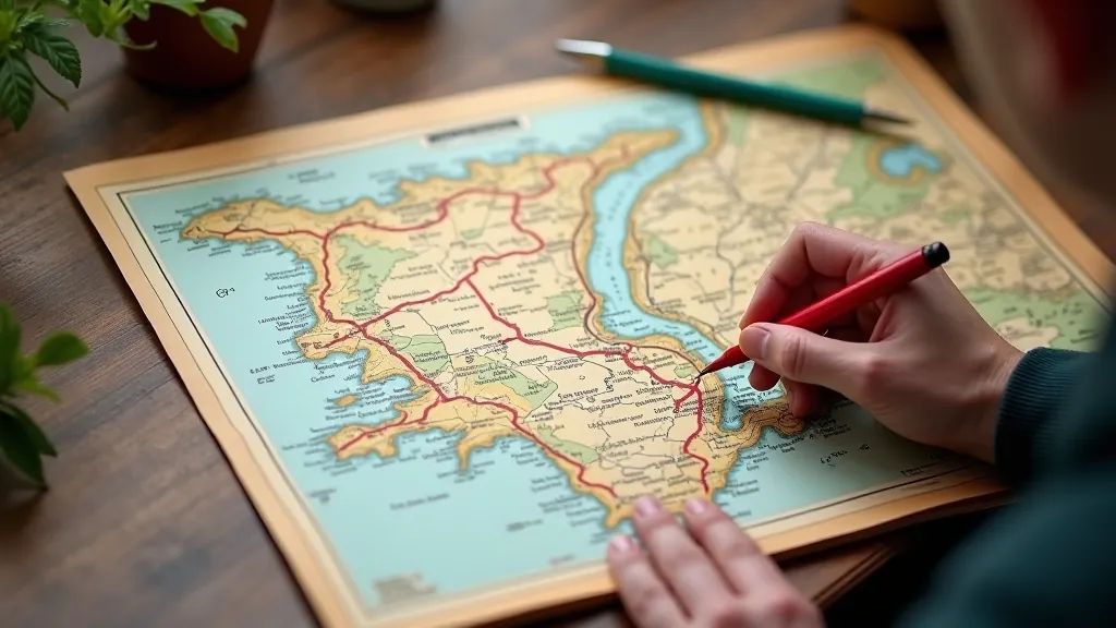 Close-up of hand holding vintage map showing Howth peninsula with walking trails marked