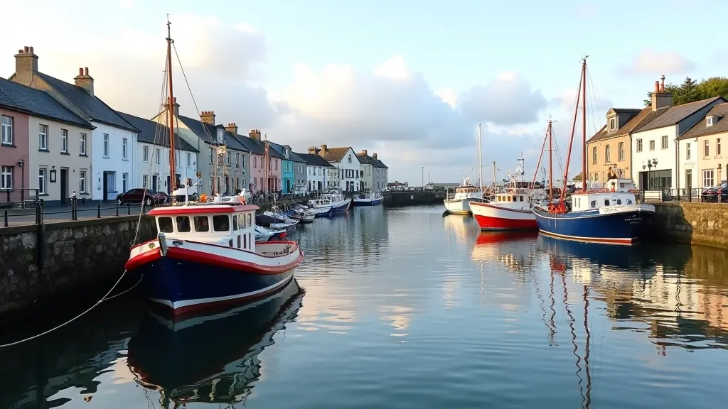 Waterfront view of Howth with traditional fishing boats and historic harbour buildings