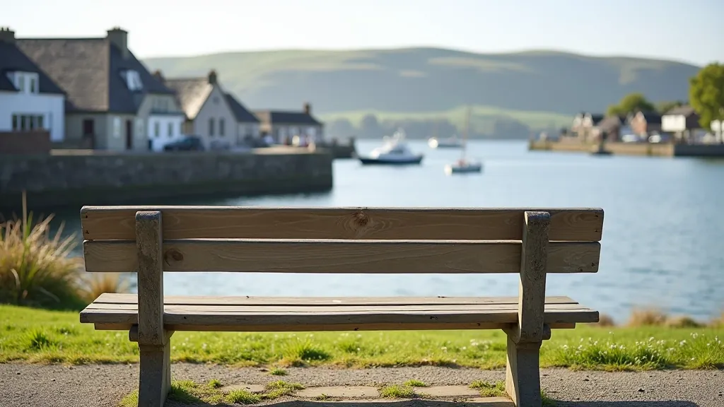 Wooden bench overlooking the harbour with fishing boats and village buildings in background